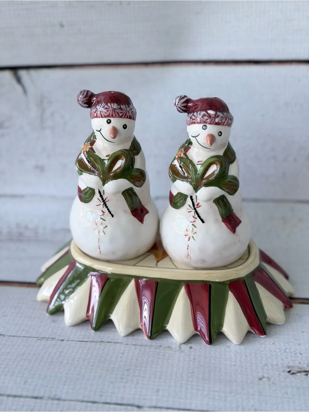 Vintage Ceramic Snowman Christmas Salt & Pepper Shakers Set with Base Tray